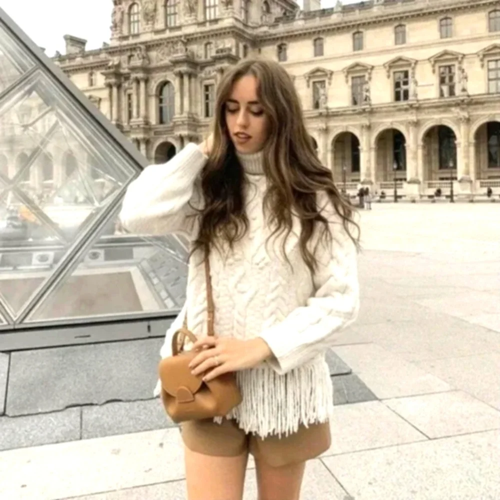 Zara Cream Cable-Knit Turtleneck Sweater with Fringe - Picture 2 of 9